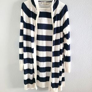 Loft Linen Lightweight Blue & White Stripped Cardigan Sweater Hoodie Large